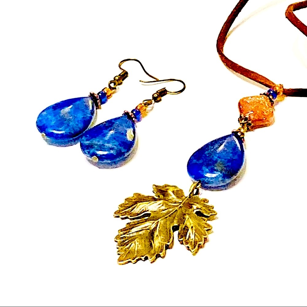 Bohemian LAPIS LAZULI Stone Earrings & Necklace w/ Sculpted Bronze Maple Leaf - Picture 2 of 14